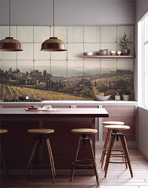 kitchen with tile mural splashback