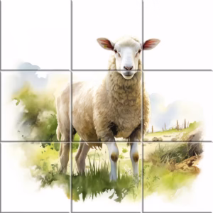 Farm ceramic tile mural featuring a single sheep in a grassy countryside setting