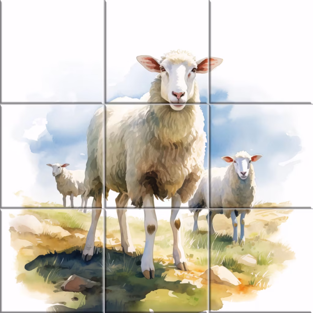 White sheep standing on grassy field with a rural landscape background, illustrated across ceramic tiles mural