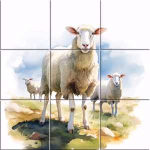 White sheep standing on grassy field with a rural landscape background, illustrated across ceramic tiles mural