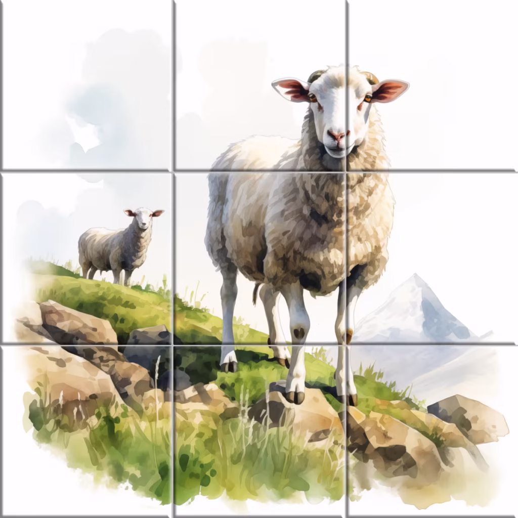 Farm ceramic tile mural with two sheep standing on a rocky green hillside