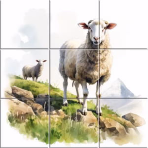 Farm ceramic tile mural with two sheep standing on a rocky green hillside