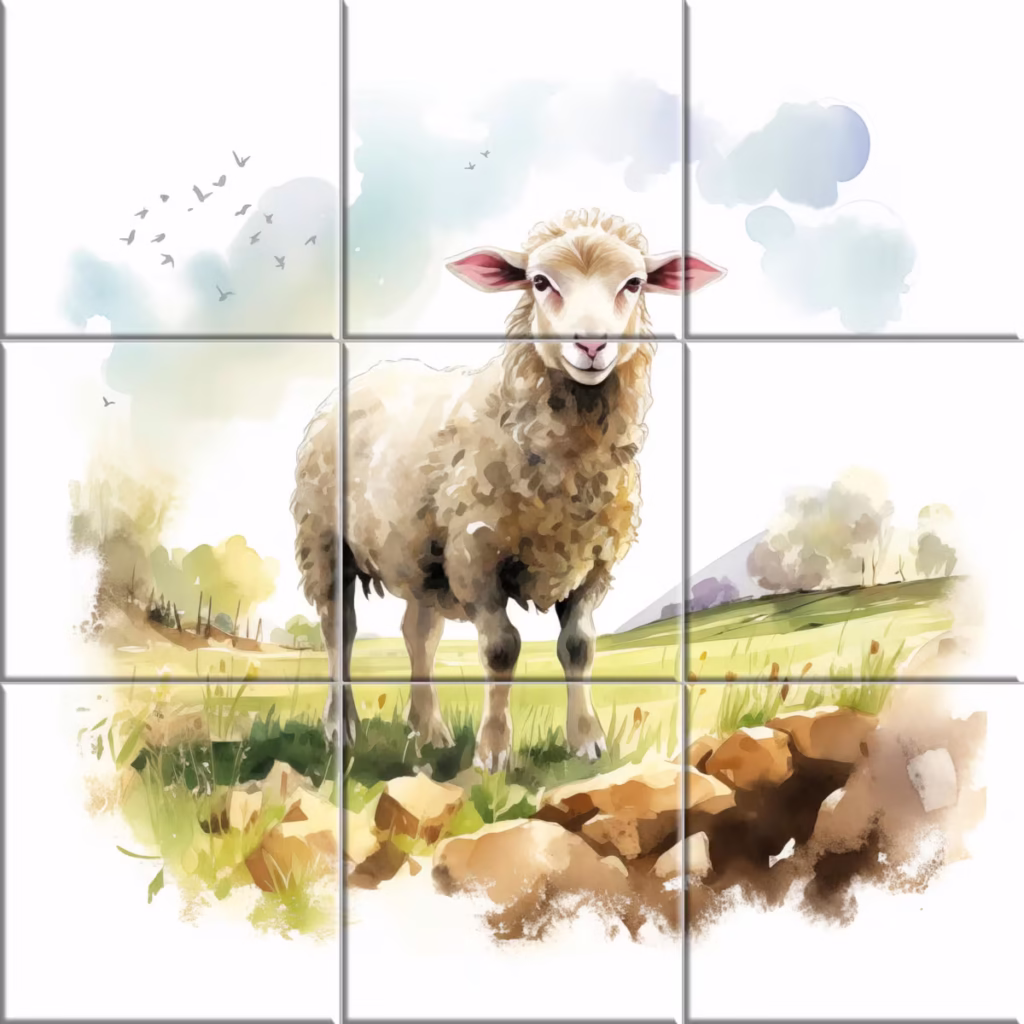 Farm ceramic tile mural showing a sheep in a peaceful field with trees and clouds.