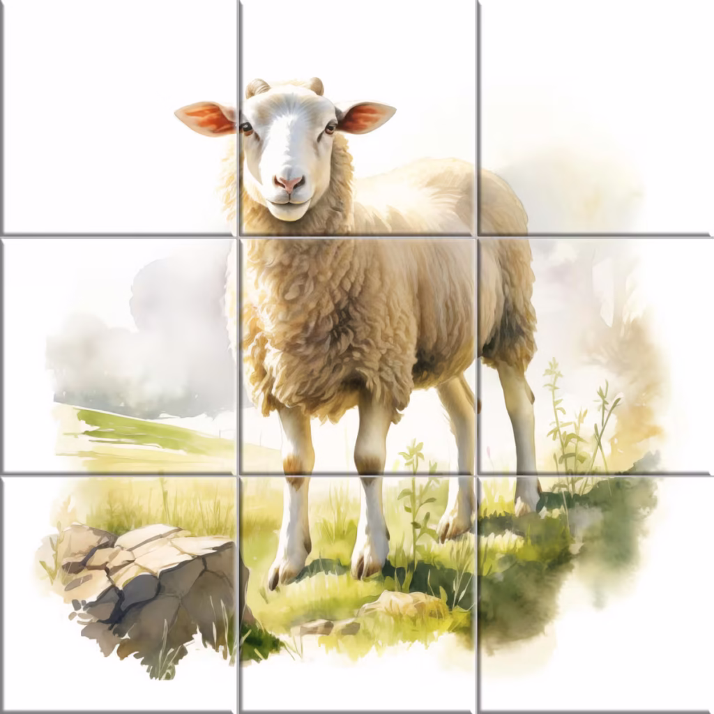 Farm ceramic tile mural displaying a lone sheep standing in bright, green pastureland.
