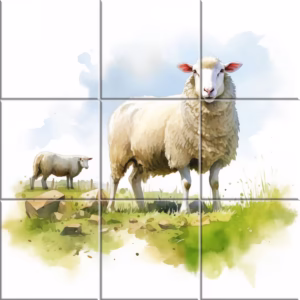 Farm ceramic tile mural with two sheep on a grassy hill under a blue sky