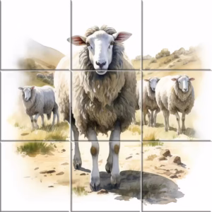 Farm ceramic tile mural depicting a flock of sheep walking along a dry, rural path