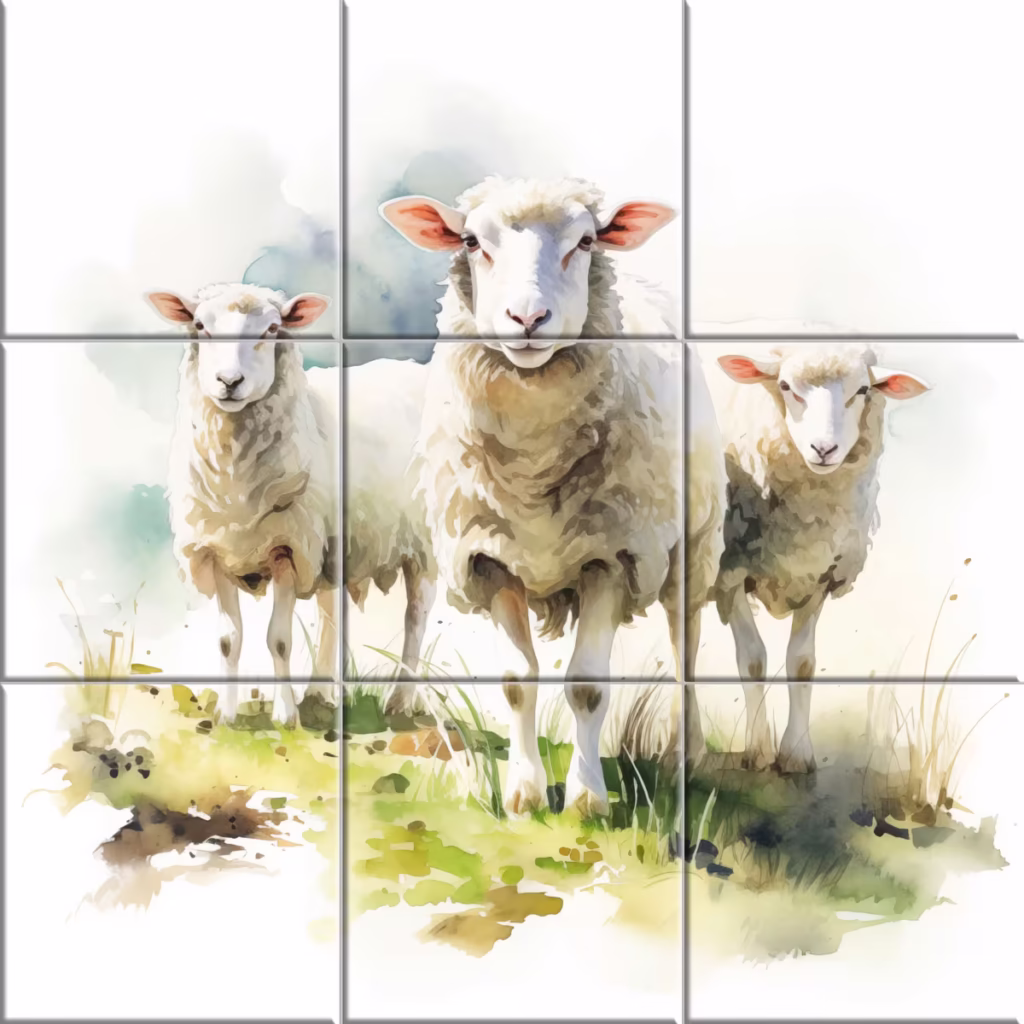 Farm ceramic tile mural showing three sheep in a meadow with cloudy skies
