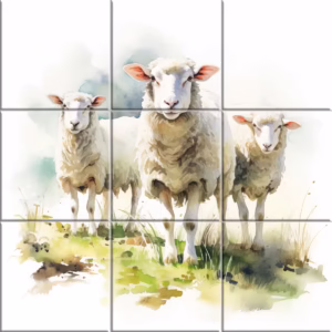 Farm ceramic tile mural showing three sheep in a meadow with cloudy skies