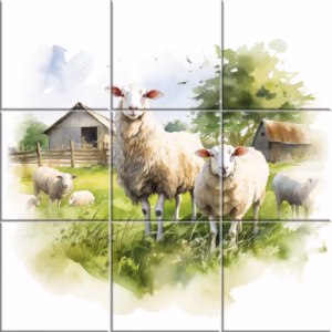 Farm ceramic tile mural featuring sheep in a green pasture with barns and wooden fences