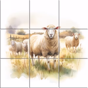 Farm ceramic tile mural with a group of sheep standing in a golden wheat field